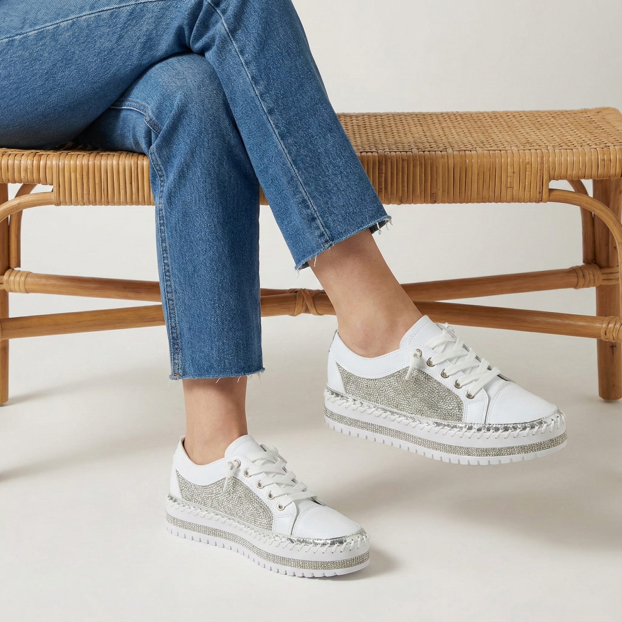 Virella White Crystal Panel Platform Sneaker