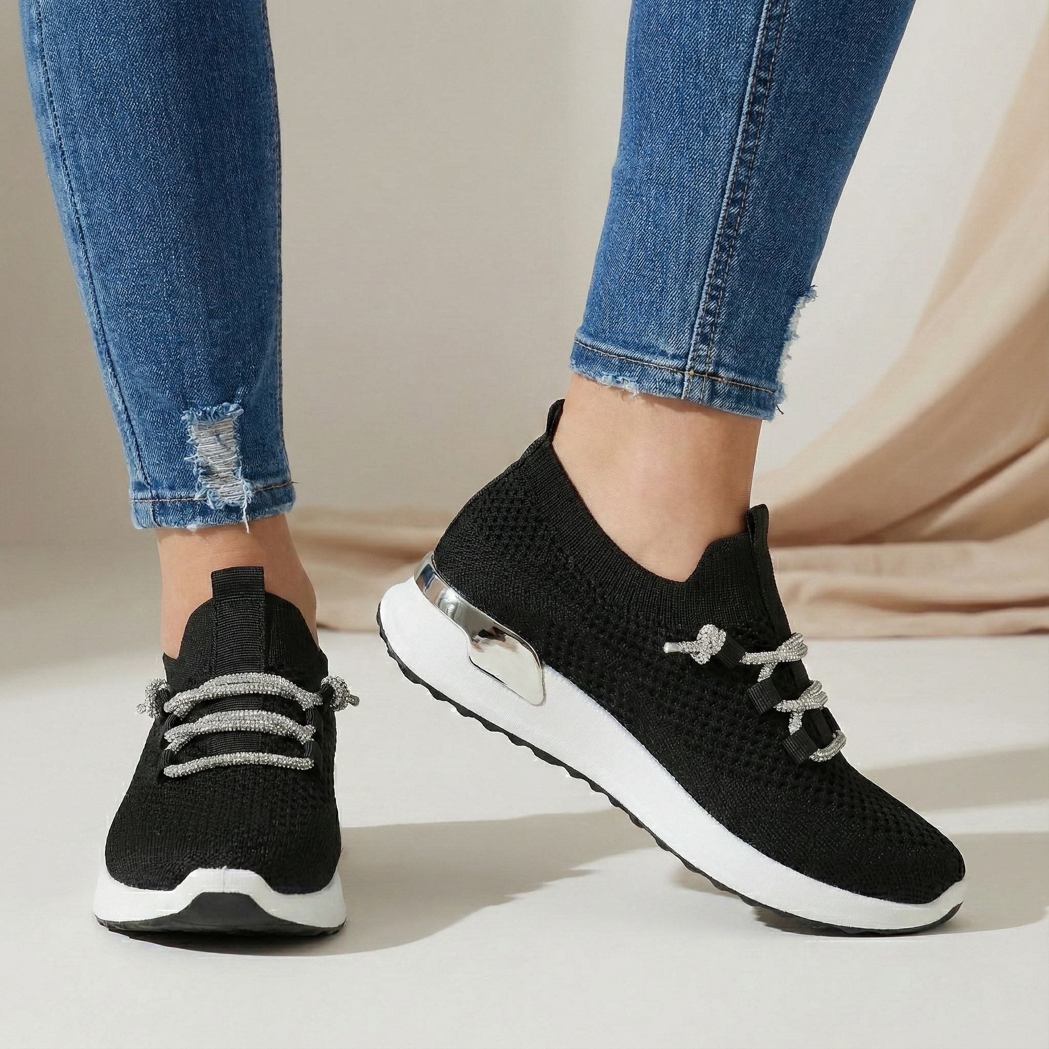 Luna Black Knit Lace-Up Sneaker