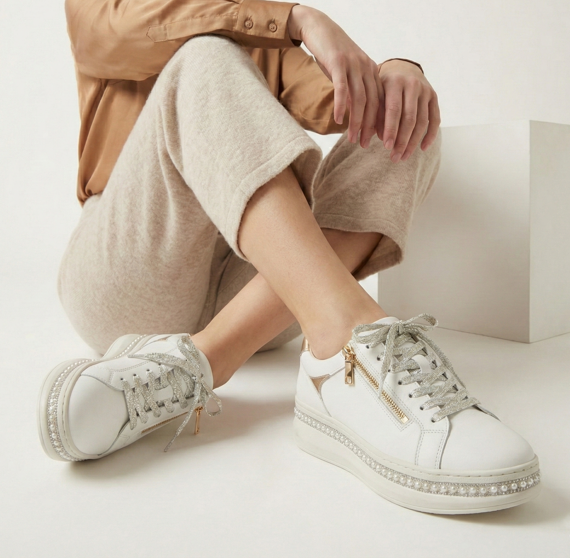 Maribel White Pearl Zip Platform Sneaker
