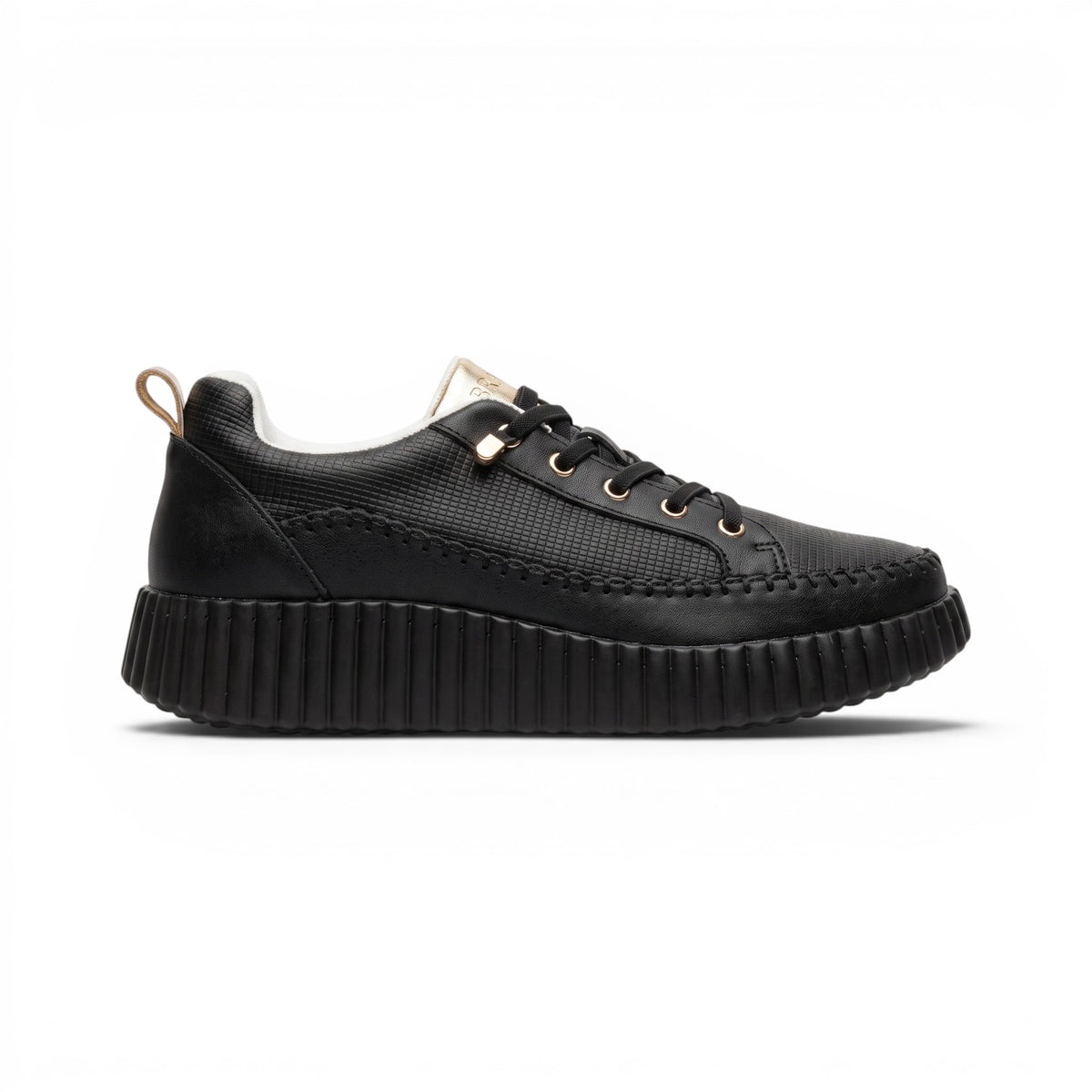 A black low-top platform sneaker with a textured leather upper, black laces, gold-tone eyelets, and a chunky ribbed sole, shown in profile against a white background.