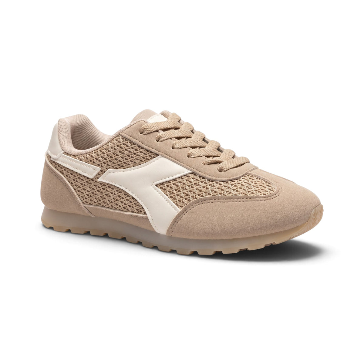 A classic low-top sneaker in beige and off-white, featuring a mix of suede, mesh, and textile panels, with a white diagonal side stripe. The shoe is shown in a side profile view against a plain white background.