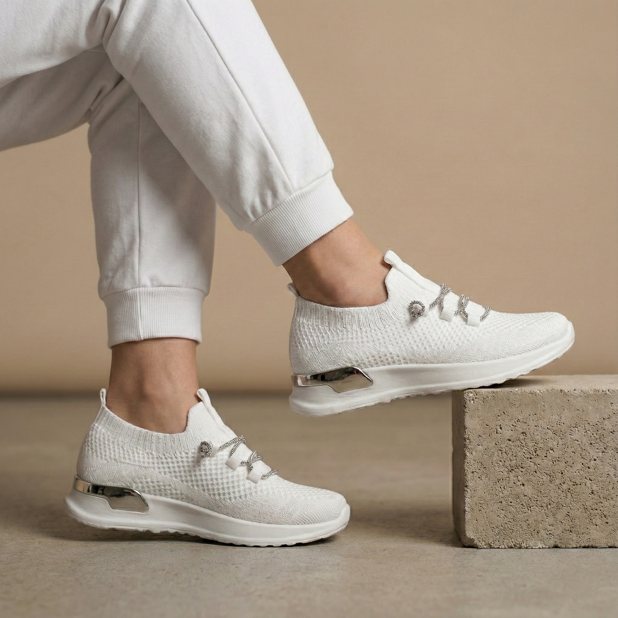 Luna White Knit Lace-Up Sneaker