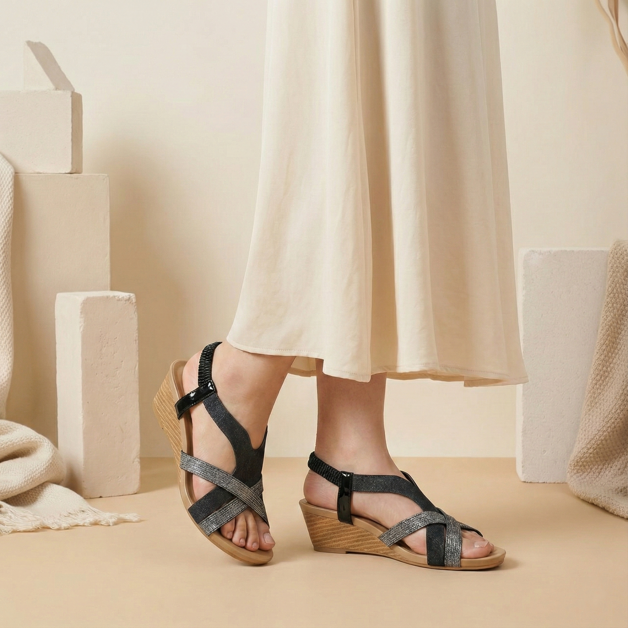 Sienna Black Cross Strap Wedge Sandal