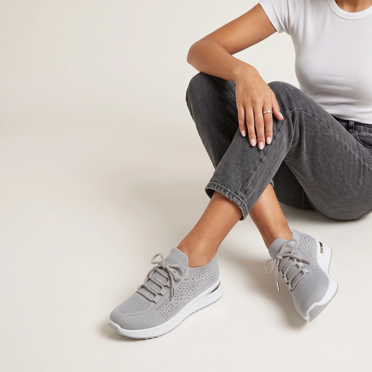 Aurelia Grey Diamante Knit Sneakers