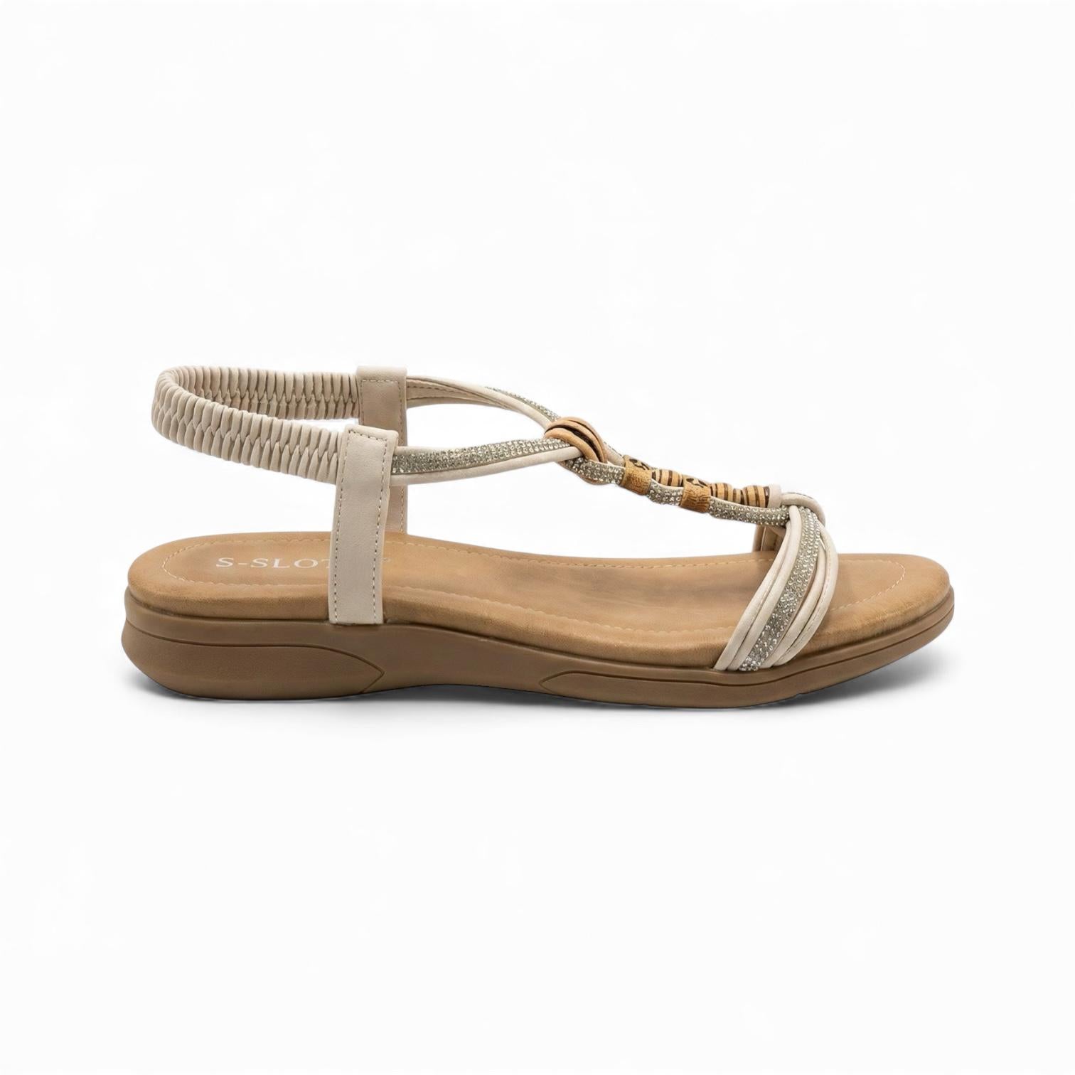 Calista Beige Beaded Elastic Strap Sandal