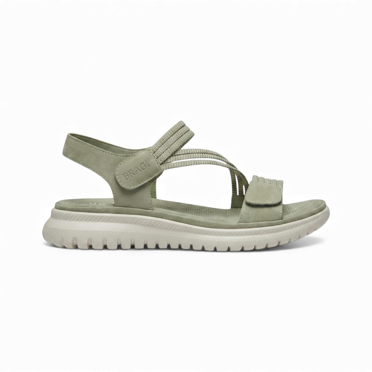A sage green comfort walking sandal with adjustable straps, a cushioned footbed and lightweight flexible sole for easy everyday wear.