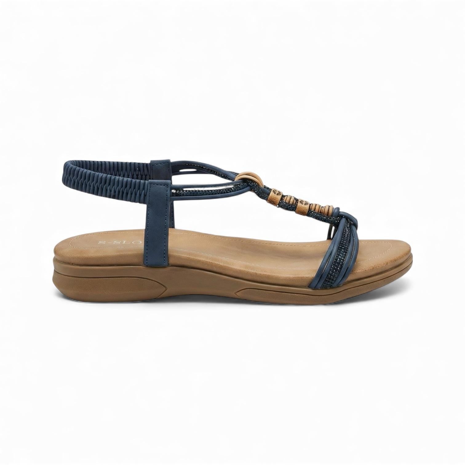 Calista Navy Beaded Elastic Strap Sandal