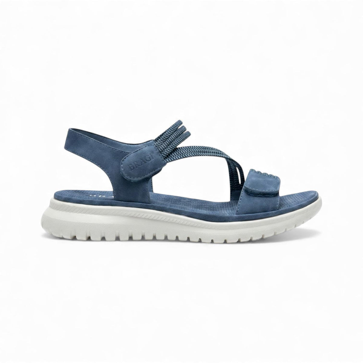 A navy comfort walking sandal with adjustable straps, a cushioned footbed and lightweight flexible sole designed for easy everyday wear.