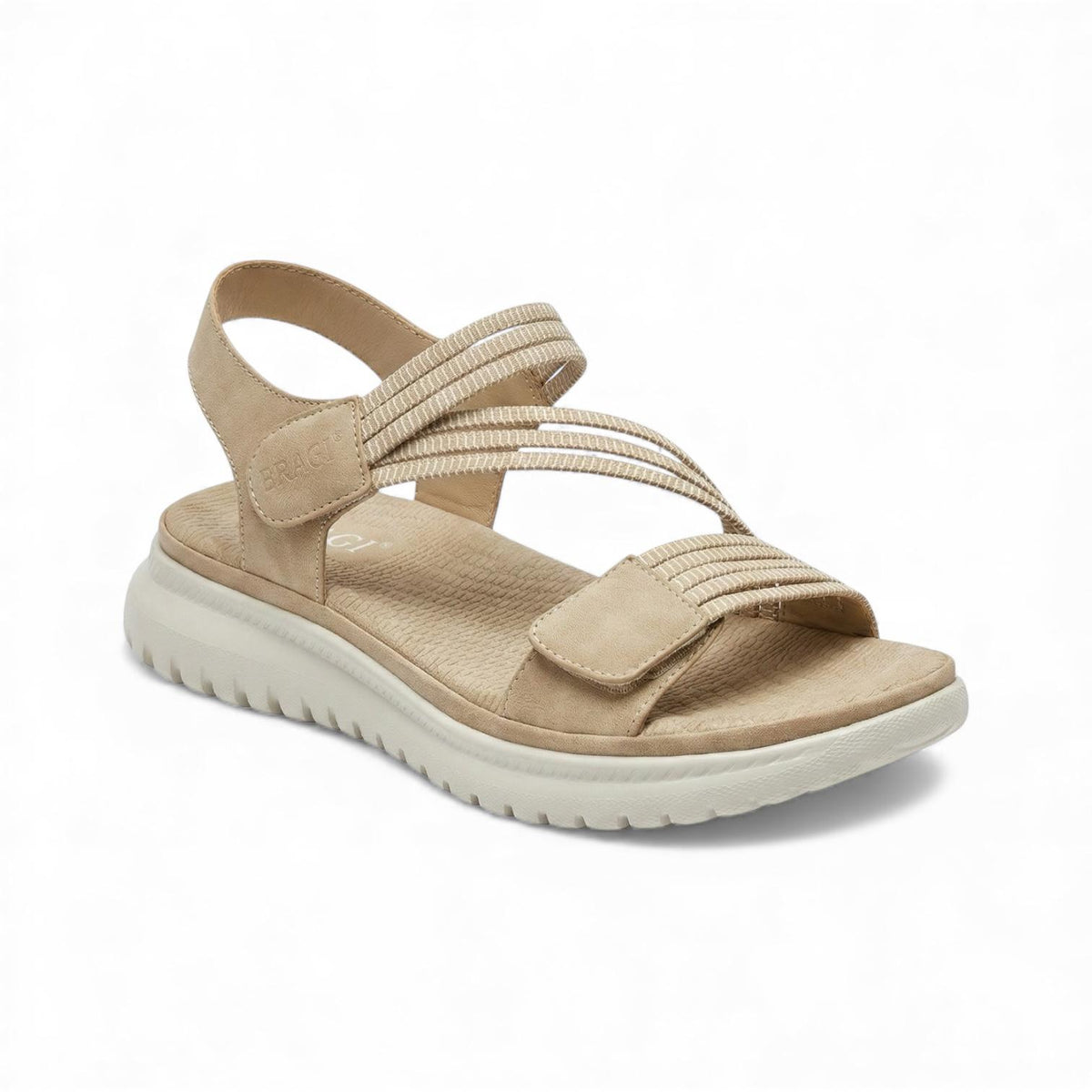 A beige comfort walking sandal with adjustable straps, a cushioned footbed and lightweight flexible sole for comfortable everyday wear.
