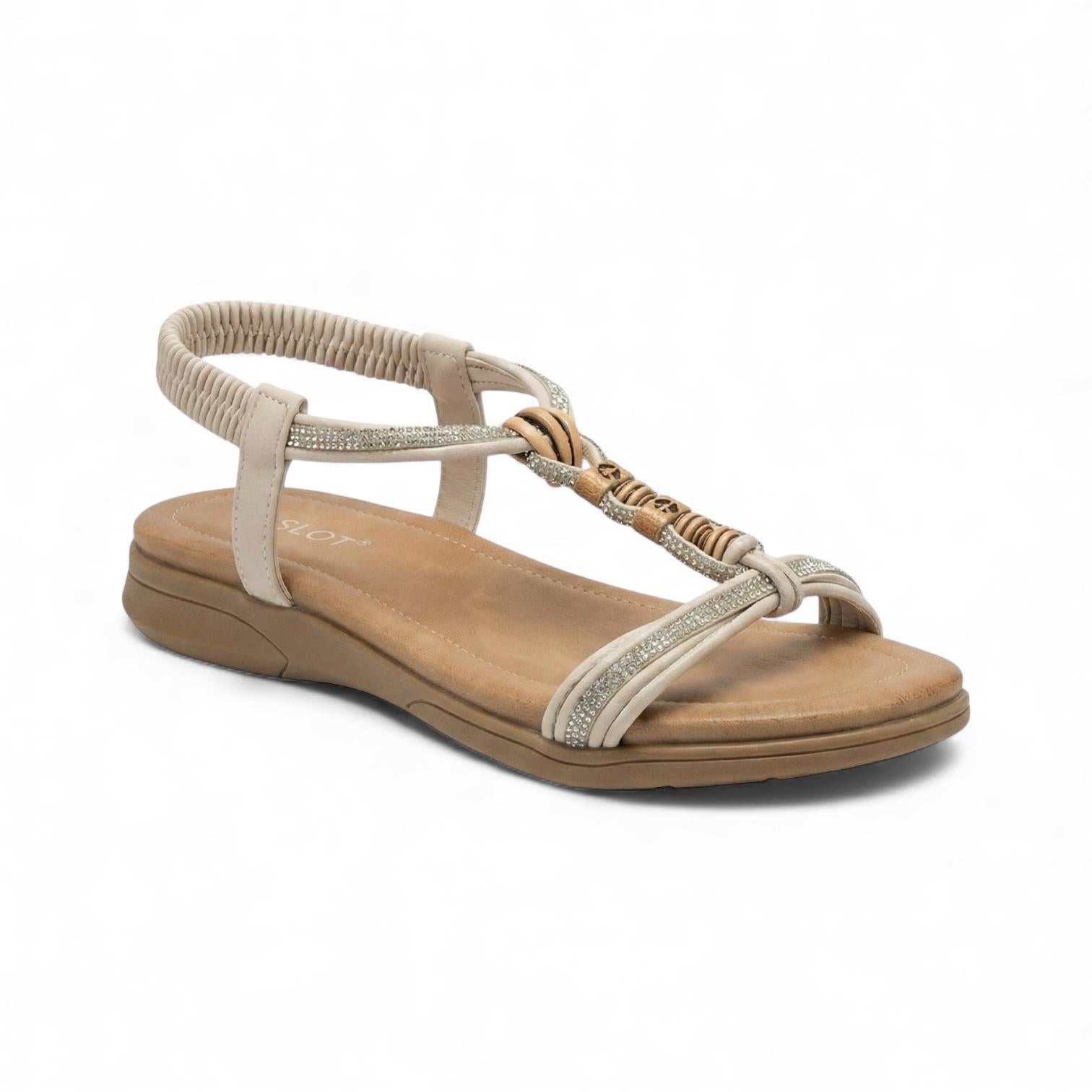 Calista Beige Beaded Elastic Strap Sandal