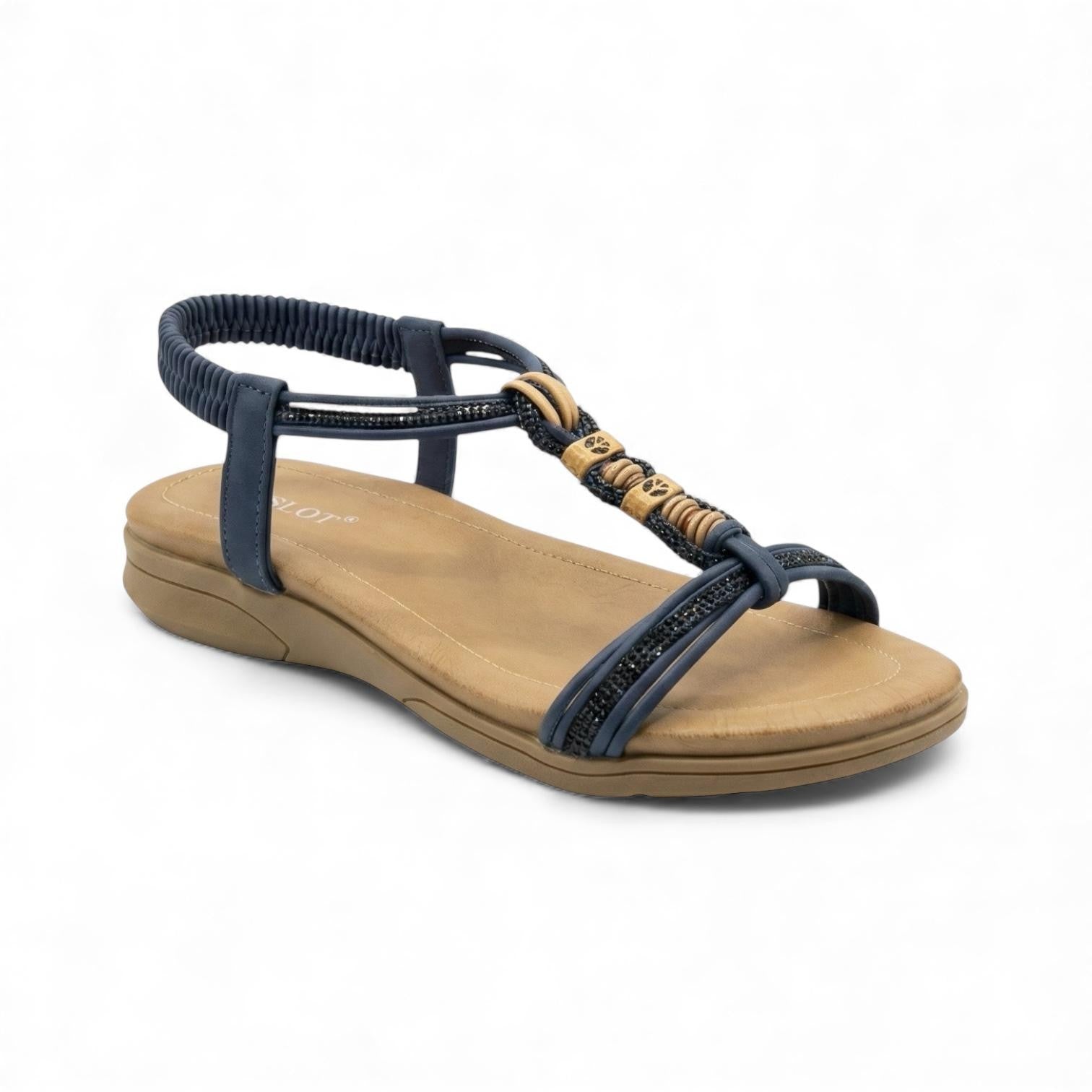 Calista Navy Beaded Elastic Strap Sandal