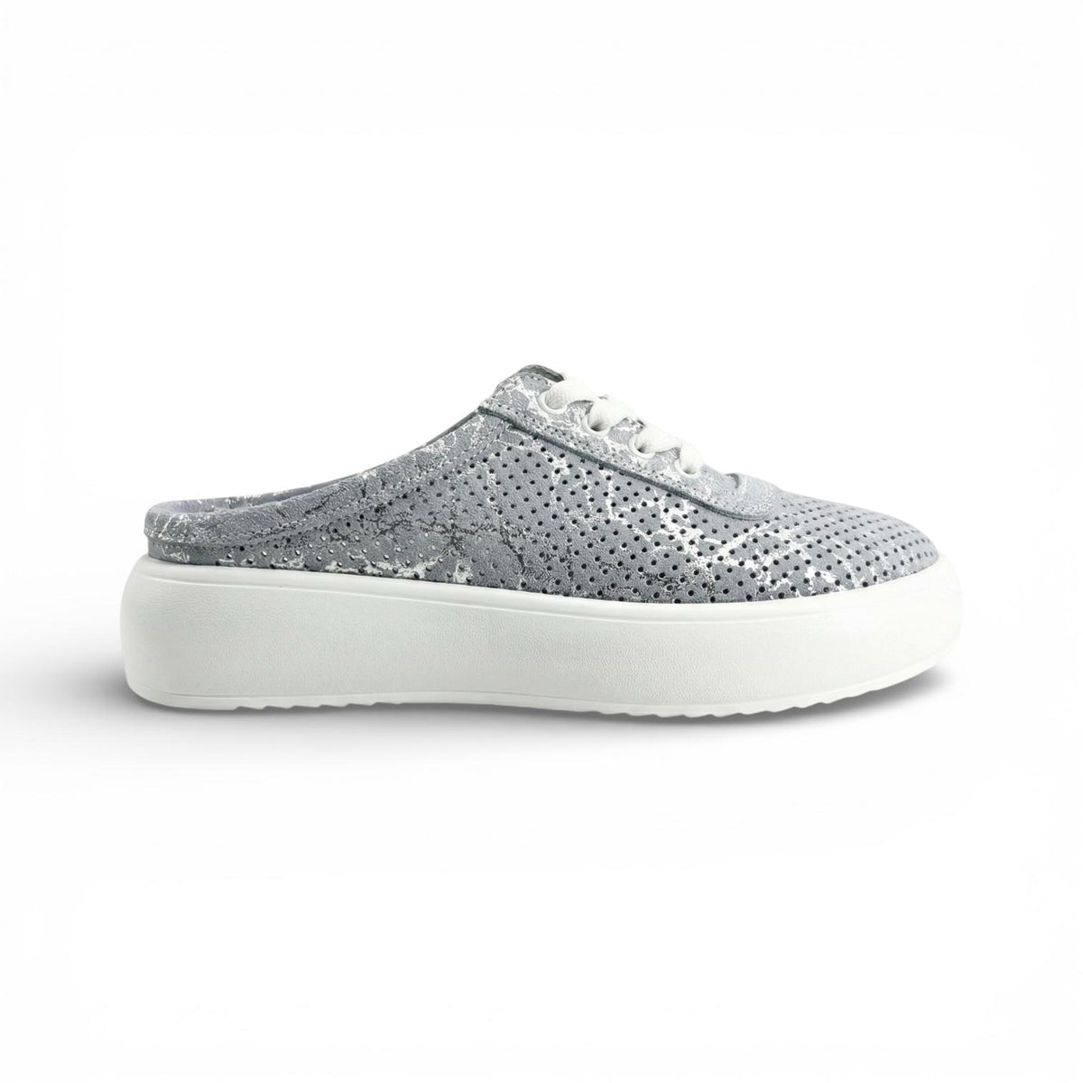 A blue and silver metallic platform mule sneaker with a perforated upper, easy slip-on design and lightweight cushioned sole for everyday comfort.