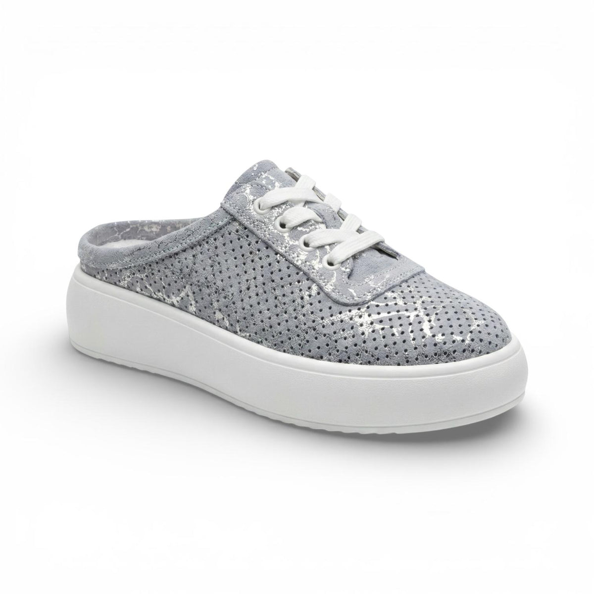 A blue and silver metallic platform mule sneaker with a perforated upper, easy slip-on design and lightweight cushioned sole for everyday comfort.