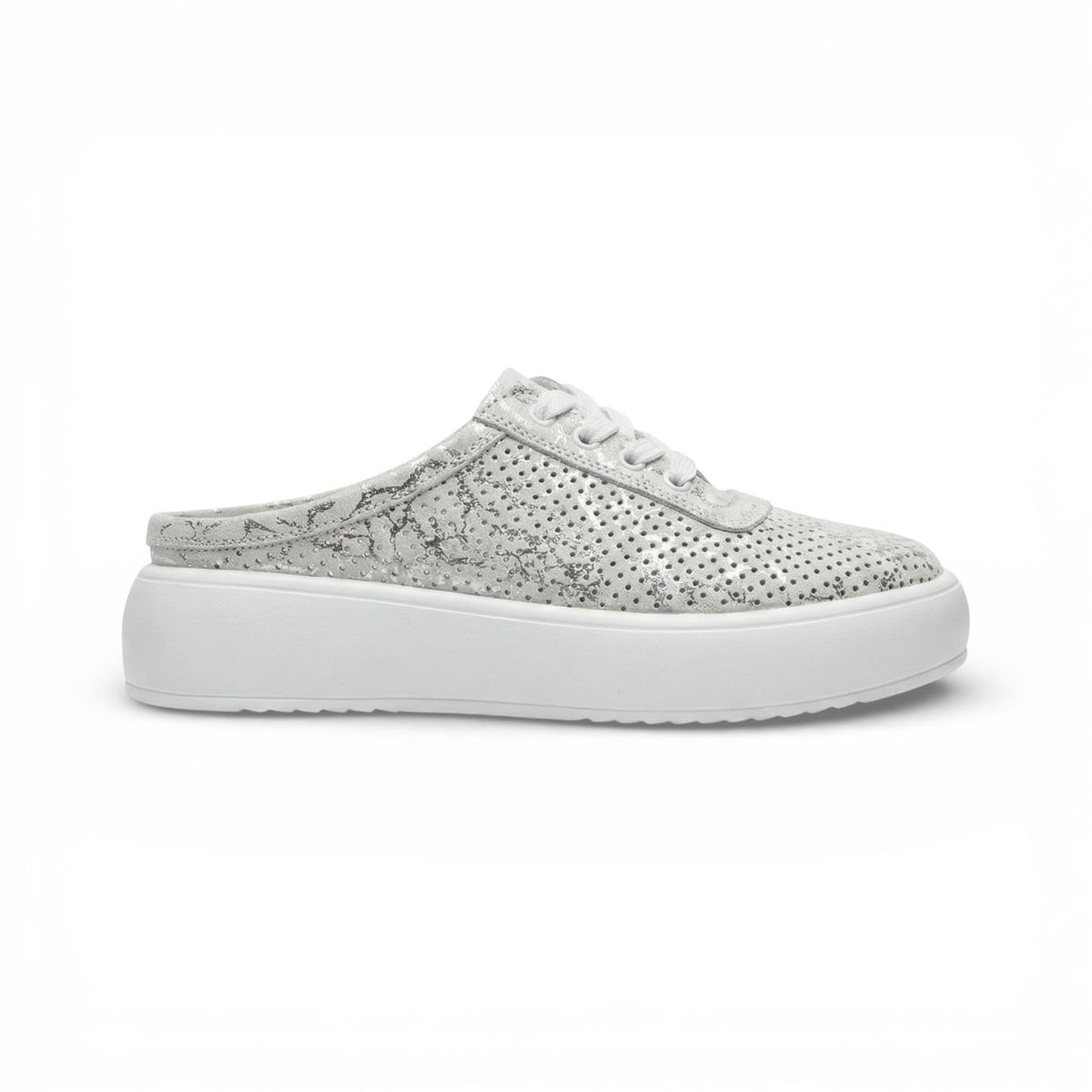 A grey and silver metallic platform mule sneaker with a perforated upper, easy slip-on design and lightweight cushioned sole for everyday wear.