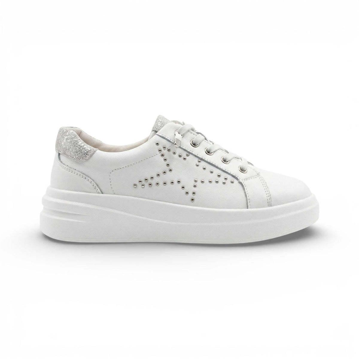 A white platform sneaker with silver studded star detailing, glitter accents and a lightweight cushioned sole for comfortable everyday wear.