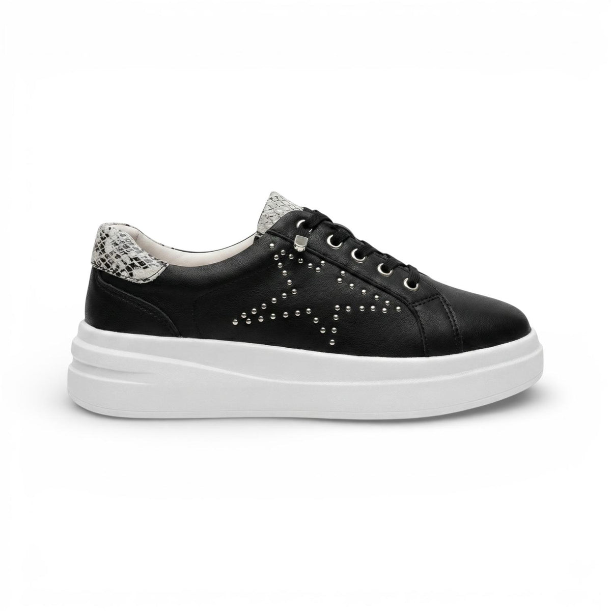 A black low-top platform sneaker with silver stud embellishments, a white platform sole, and a snakeskin-patterned heel tab, shown from a side profile on a white background.