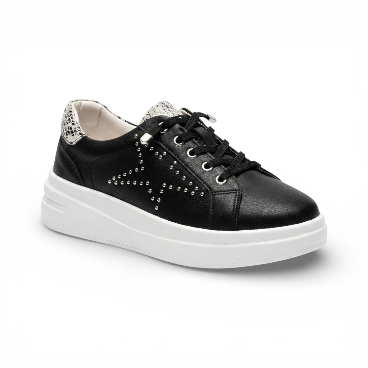 A black low-top platform sneaker with silver stud embellishments, a white platform sole, and a snakeskin-patterned heel tab, shown from a side profile on a white background.