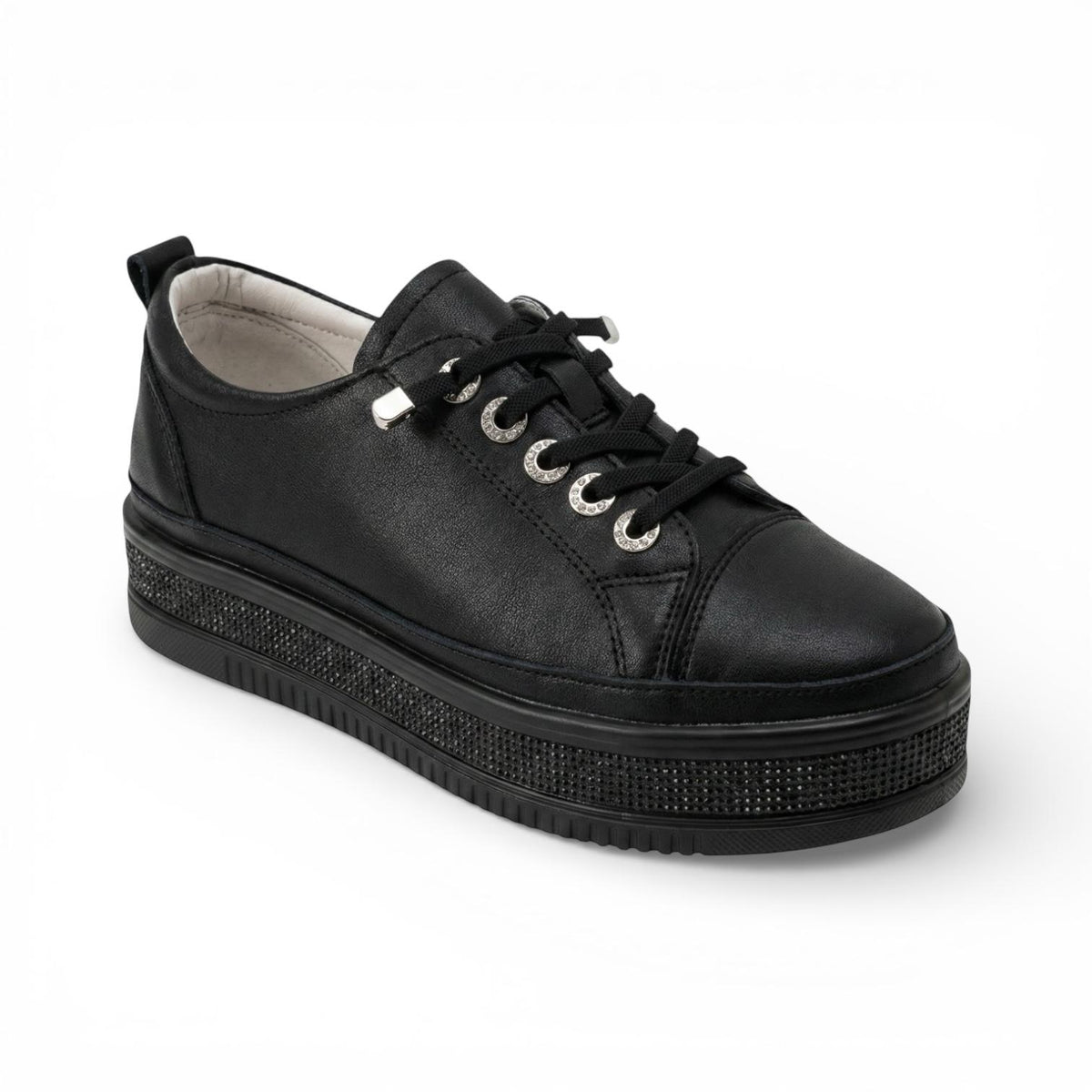 A black diamante platform sneaker with sparkling sole detail, silver-tone hardware and a lightweight cushioned platform for comfortable everyday wear.