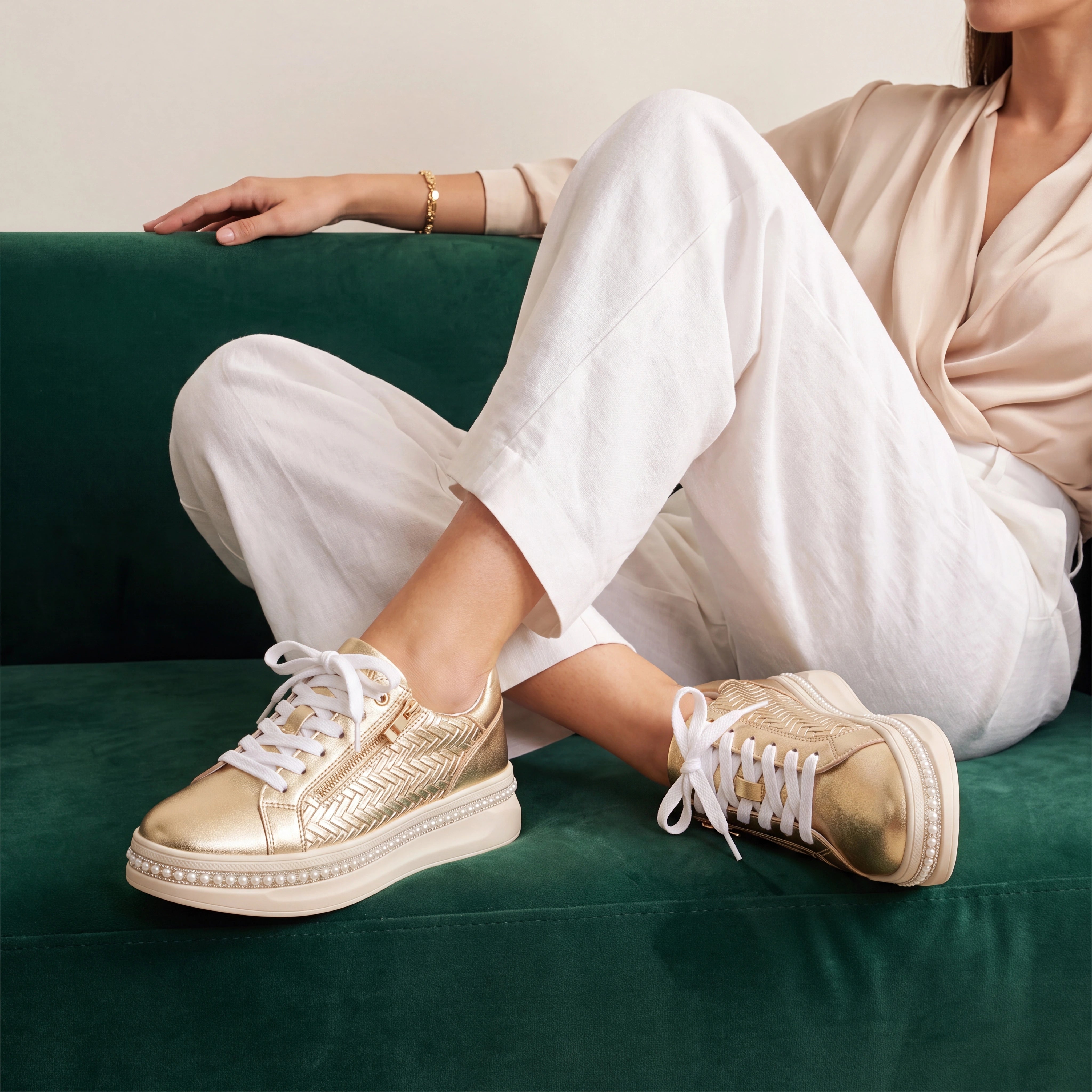Ava Gold Pearl Weave Zip Platform Sneaker
