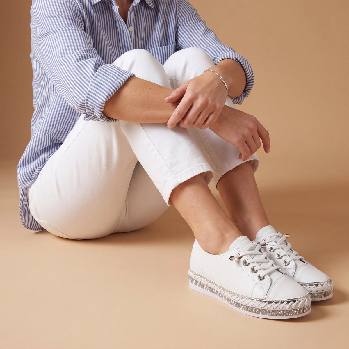 Harper White Crystal Trim Leather Sneaker