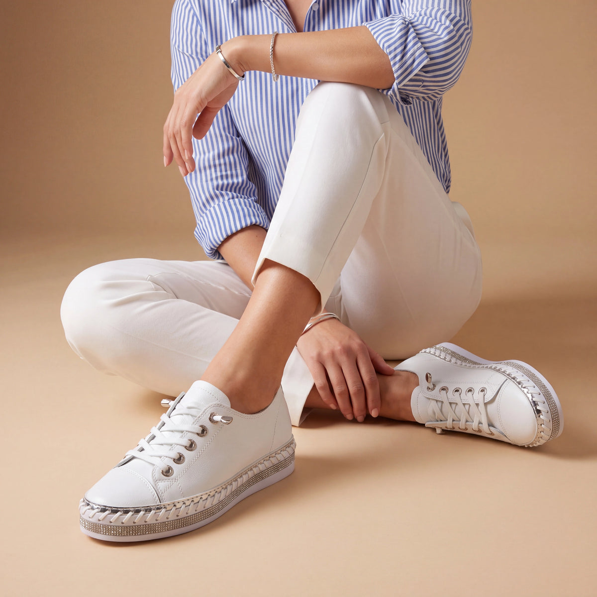 Harper White Crystal Trim Leather Sneaker